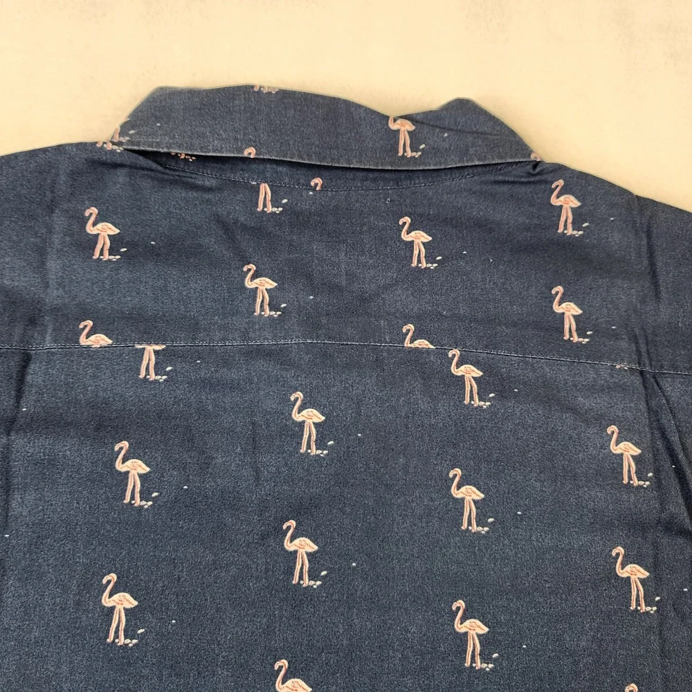 J.Crew Button Down Mens XL Navy Blue Flamingo Print Slim‎ Fit Short Sleeve Shirt